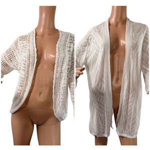 Woman White Open Knit Cardigan 2 Pc Bundle Lg Airy Woven Boho Cottagecore Resort